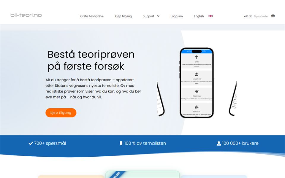 Skjermbilde av bil-teori.nos offentlige landingsside