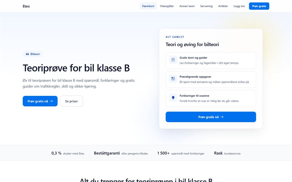 Skjermbilde av Eteos offentlige landingsside for bilteori