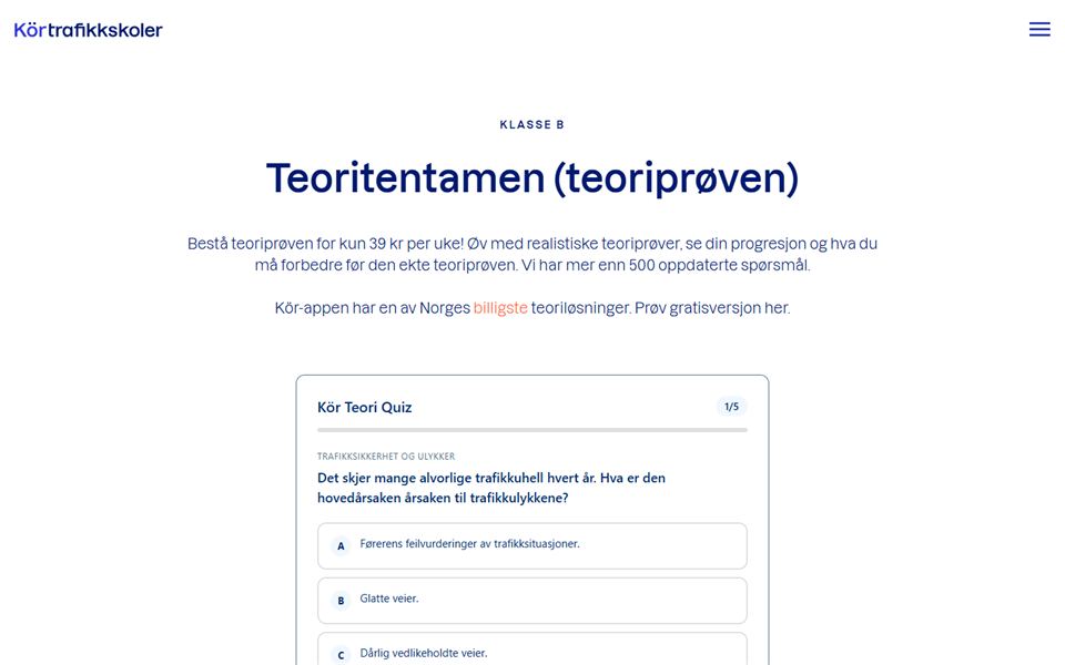 Skjermbilde av Körs offentlige landingsside for teoritentamen