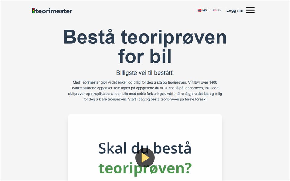 Skjermbilde av Teorimesters offentlige landingsside