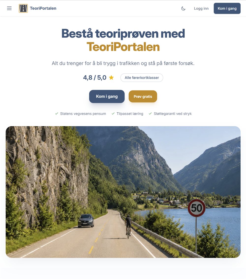Stående skjermbilde av TeoriPortalens offentlige landingsside