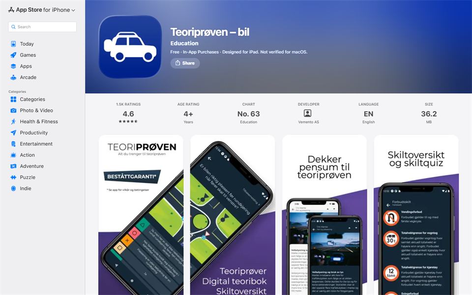 Skjermbilde av App Store-siden for Teoriprøven bil
