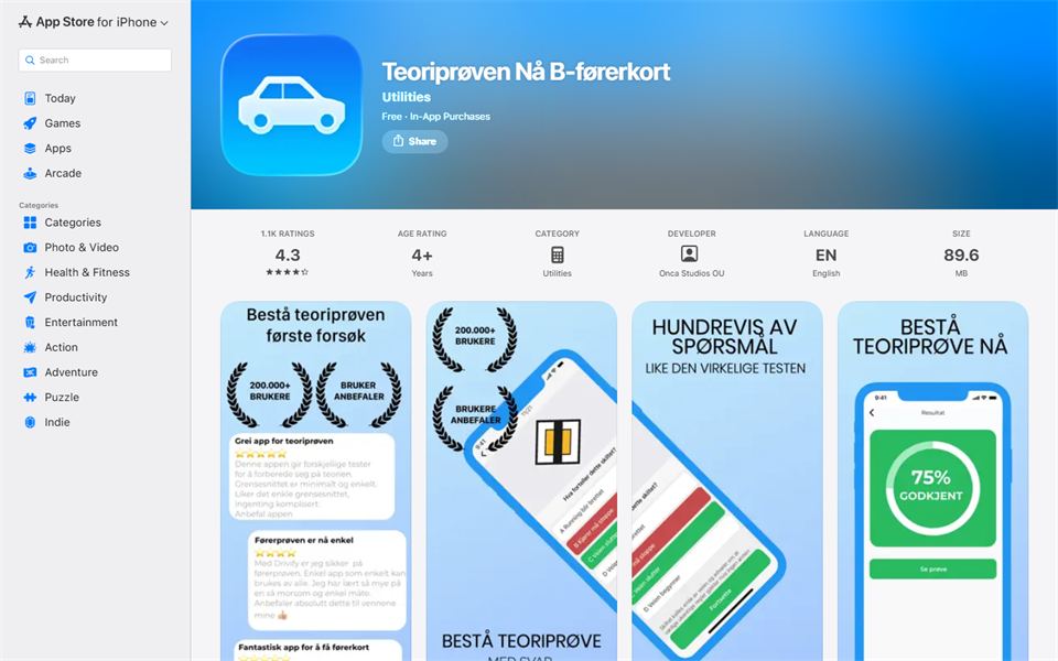 Skjermbilde av App Store-siden for Teoriprøven Nå