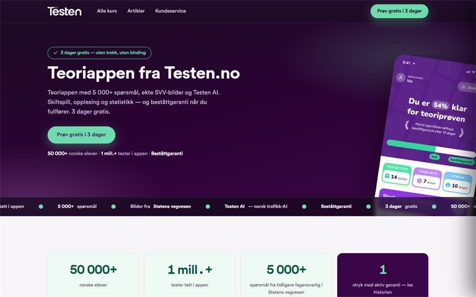 Skjermbilde av Testen.nos offentlige landingsside for Teoriappen